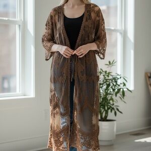 Brown Lace Kimono Duster